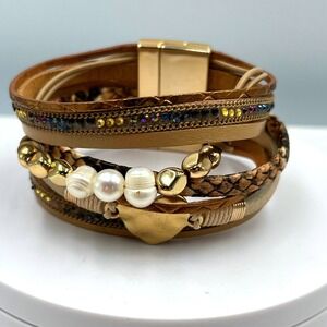 Vintage Multi-Strand Brown Leather Wrap Bracelet w/ Pearl Rhinestone Heart Charm